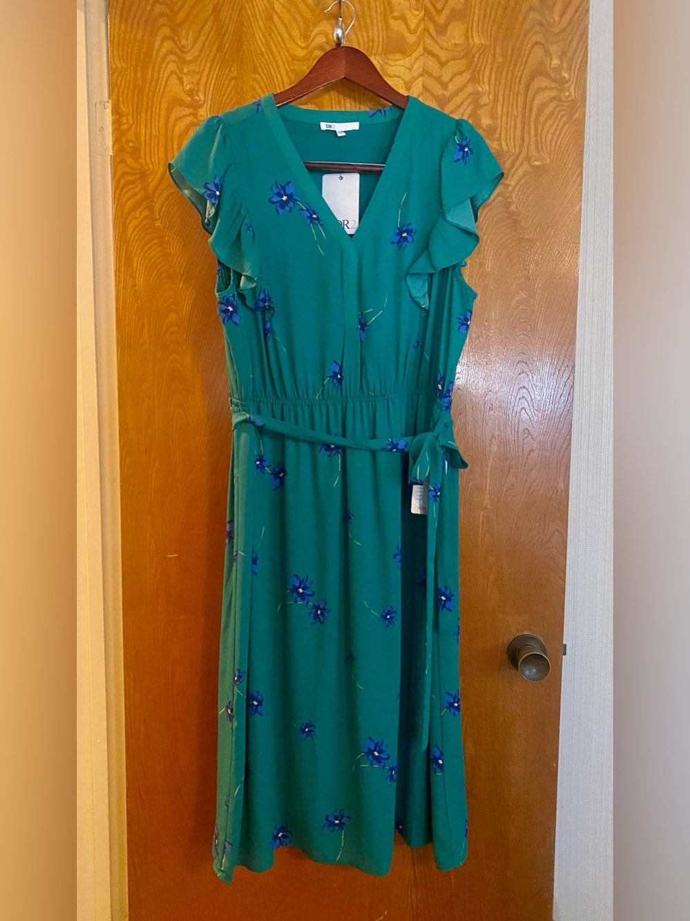 DR2 Teal Midi Wrap Dress with Blue Floral Accents